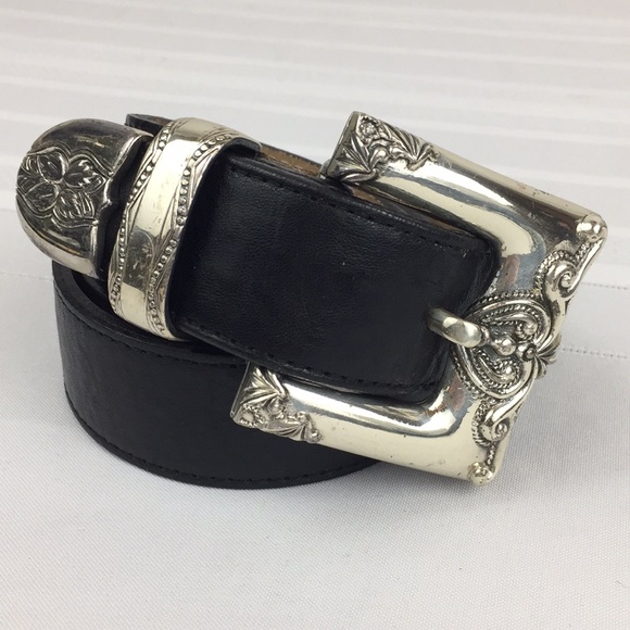 Streets Ahead Accessories - Vintage Black Leather Belt Shiny Silver Buckle